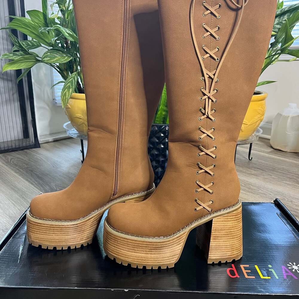Delia's Lace Up Faux Suede Knee High Platform Boots - Brown